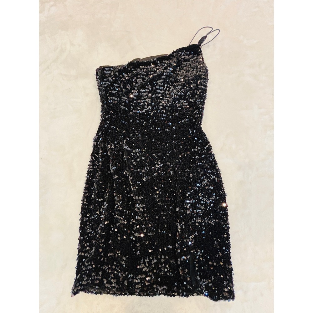 Midnight Doll Black Sequin Mini Dress Strapless Bodycon Side Slit Small